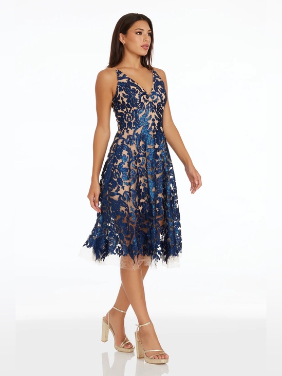 Dress the Population Dresses & Skirts - Dress the population size XL Blair Dress NAVY BLUE NUDE V-neck midi sequin